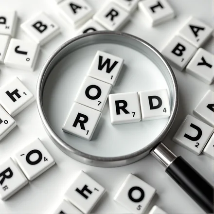 Illustration of a magnifying glass analyzing Scrabble tiles – symbol of poocoo's word finder and anagram solver
