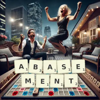 Creative illustration for a Scrabble game with the word ABASEMENT spelled out in tiles on the board.