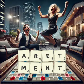 Creative illustration for a Scrabble game with the word ABETMENT spelled out in tiles on the board.