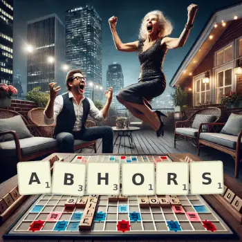 Creative illustration for a Scrabble game with the word ABHORS spelled out in tiles on the board.