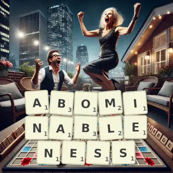Creative illustration for a Scrabble game with the word ABOMINABLENESS spelled out in tiles on the board.