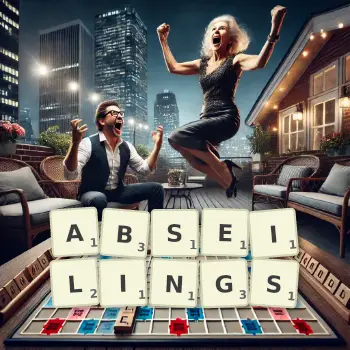 Creative illustration for a Scrabble game with the word ABSEILINGS spelled out in tiles on the board.