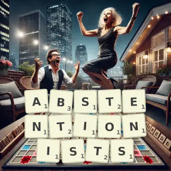 Creative illustration for a Scrabble game with the word ABSTENTIONISTS spelled out in tiles on the board.
