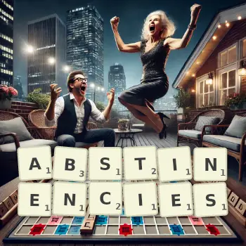 Creative illustration for a Scrabble game with the word ABSTINENCIES spelled out in tiles on the board.