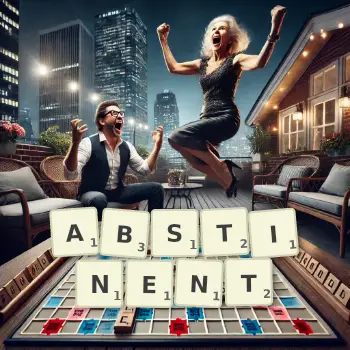 Creative illustration for a Scrabble game with the word ABSTINENT spelled out in tiles on the board.