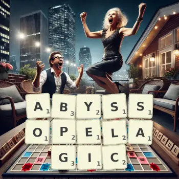 Creative illustration for a Scrabble game with the word ABYSSOPELAGIC spelled out in tiles on the board.