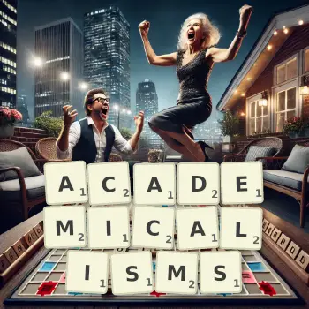 Creative illustration for a Scrabble game with the word ACADEMICALISMS spelled out in tiles on the board.