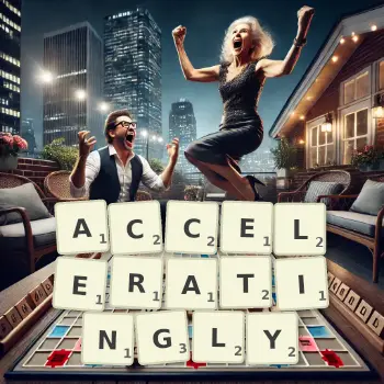 Creative illustration for a Scrabble game with the word ACCELERATINGLY spelled out in tiles on the board.
