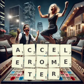 Creative illustration for a Scrabble game with the word ACCELEROMETER spelled out in tiles on the board.