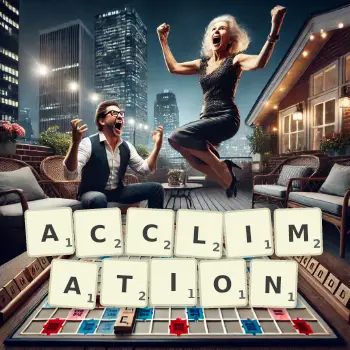 Creative illustration for a Scrabble game with the word ACCLIMATION spelled out in tiles on the board.