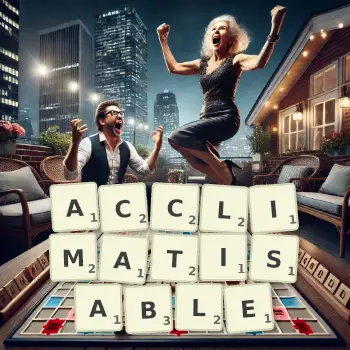 Creative illustration for a Scrabble game with the word ACCLIMATISABLE spelled out in tiles on the board.