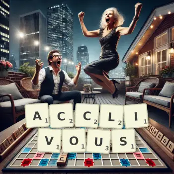 Creative illustration for a Scrabble game with the word ACCLIVOUS spelled out in tiles on the board.