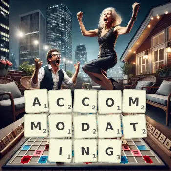 Creative illustration for a Scrabble game with the word ACCOMMODATING spelled out in tiles on the board.