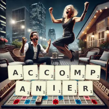 Creative illustration for a Scrabble game with the word ACCOMPANIER spelled out in tiles on the board.