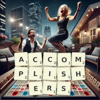 Creative illustration for a Scrabble game with the word ACCOMPLISHERS spelled out in tiles on the board.