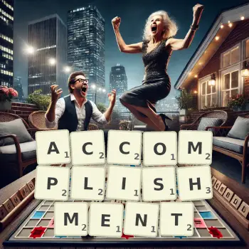 Creative illustration for a Scrabble game with the word ACCOMPLISHMENT spelled out in tiles on the board.