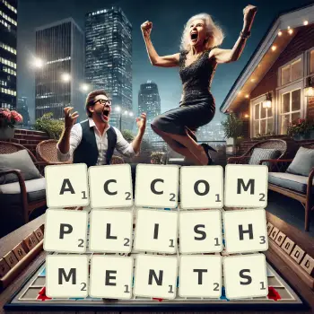 Creative illustration for a Scrabble game with the word ACCOMPLISHMENTS spelled out in tiles on the board.