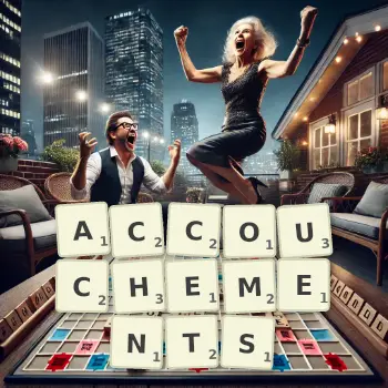 Creative illustration for a Scrabble game with the word ACCOUCHEMENTS spelled out in tiles on the board.