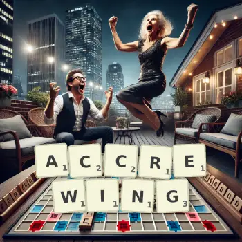 Creative illustration for a Scrabble game with the word ACCREWING spelled out in tiles on the board.