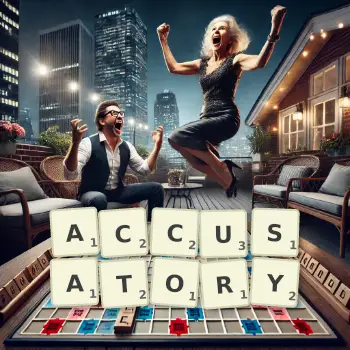Creative illustration for a Scrabble game with the word ACCUSATORY spelled out in tiles on the board.