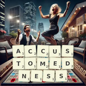 Creative illustration for a Scrabble game with the word ACCUSTOMEDNESS spelled out in tiles on the board.