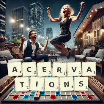 Creative illustration for a Scrabble game with the word ACERVATIONS spelled out in tiles on the board.