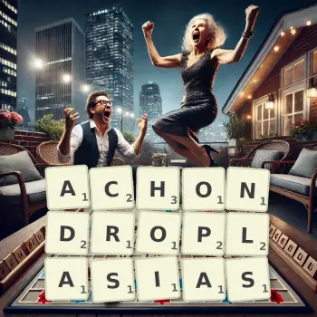 Creative illustration for a Scrabble game with the word ACHONDROPLASIAS spelled out in tiles on the board.