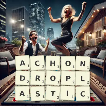 Creative illustration for a Scrabble game with the word ACHONDROPLASTIC spelled out in tiles on the board.