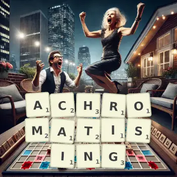 Creative illustration for a Scrabble game with the word ACHROMATISING spelled out in tiles on the board.