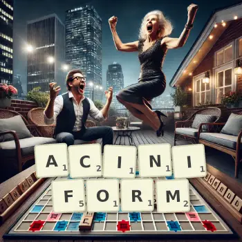 Creative illustration for a Scrabble game with the word ACINIFORM spelled out in tiles on the board.