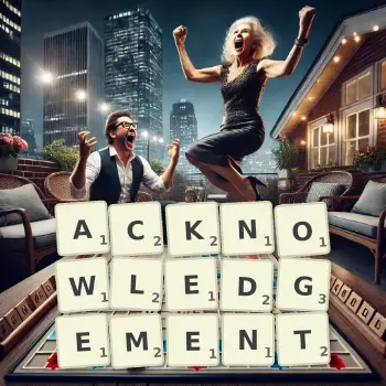 Creative illustration for a Scrabble game with the word ACKNOWLEDGEMENT spelled out in tiles on the board.
