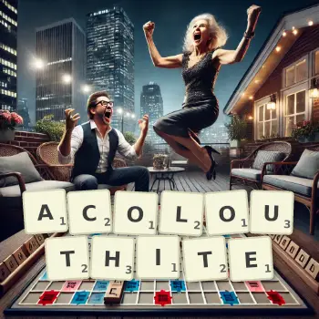 Creative illustration for a Scrabble game with the word ACOLOUTHITE spelled out in tiles on the board.