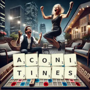 Creative illustration for a Scrabble game with the word ACONITINES spelled out in tiles on the board.