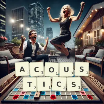 Creative illustration for a Scrabble game with the word ACOUSTICS spelled out in tiles on the board.