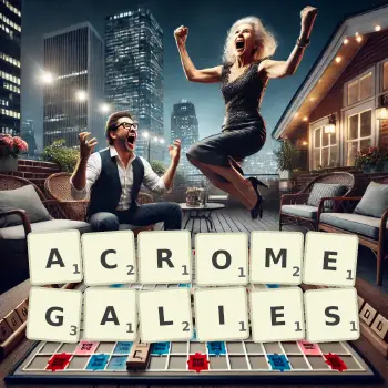 Creative illustration for a Scrabble game with the word ACROMEGALIES spelled out in tiles on the board.