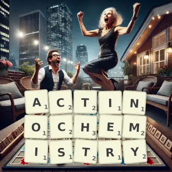 Creative illustration for a Scrabble game with the word ACTINOCHEMISTRY spelled out in tiles on the board.