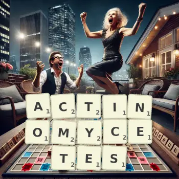 Creative illustration for a Scrabble game with the word ACTINOMYCETES spelled out in tiles on the board.