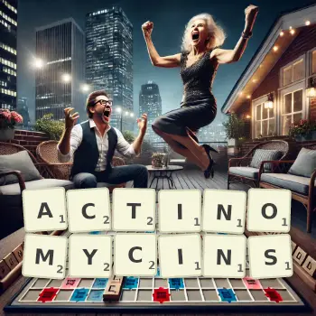 Creative illustration for a Scrabble game with the word ACTINOMYCINS spelled out in tiles on the board.