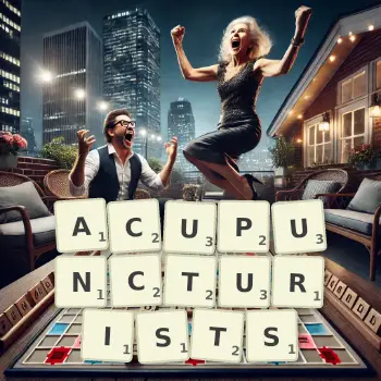 Creative illustration for a Scrabble game with the word ACUPUNCTURISTS spelled out in tiles on the board.