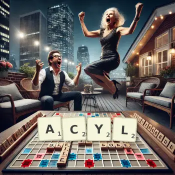 Creative illustration for a Scrabble game with the word ACYL spelled out in tiles on the board.