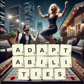Creative illustration for a Scrabble game with the word ADAPTABILITIES spelled out in tiles on the board.