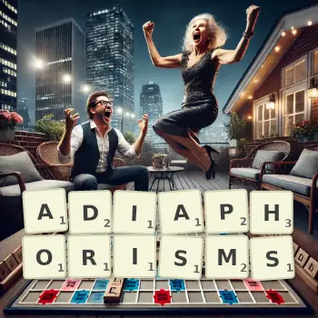 Creative illustration for a Scrabble game with the word ADIAPHORISMS spelled out in tiles on the board.