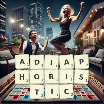Creative illustration for a Scrabble game with the word ADIAPHORISTIC spelled out in tiles on the board.
