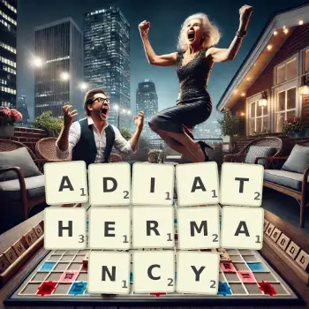 Creative illustration for a Scrabble game with the word ADIATHERMANCY spelled out in tiles on the board.
