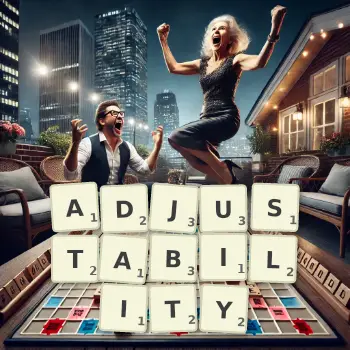 Creative illustration for a Scrabble game with the word ADJUSTABILITY spelled out in tiles on the board.