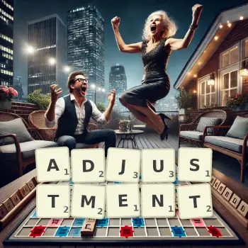 Creative illustration for a Scrabble game with the word ADJUSTMENT spelled out in tiles on the board.