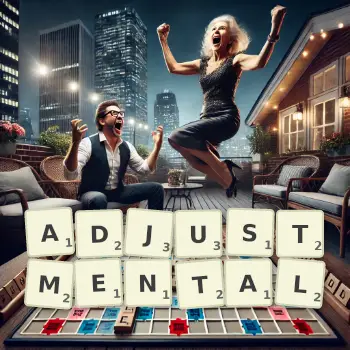 Creative illustration for a Scrabble game with the word ADJUSTMENTAL spelled out in tiles on the board.