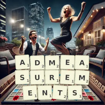 Creative illustration for a Scrabble game with the word ADMEASUREMENTS spelled out in tiles on the board.