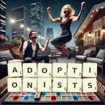 Creative illustration for a Scrabble game with the word ADOPTIONISTS spelled out in tiles on the board.