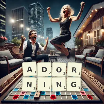 Creative illustration for a Scrabble game with the word ADORNING spelled out in tiles on the board.